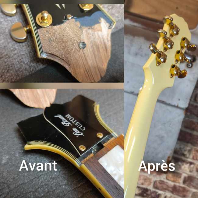 réparation de la tête cassée d'une guitare électrique avec un avant et un après.